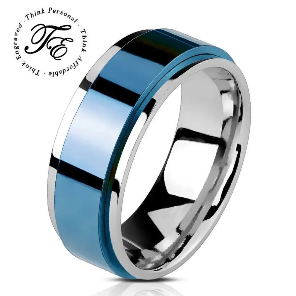 Men's Blue and Silver Fidget Spinner Ring - Blue Anxiety Ring For Guys